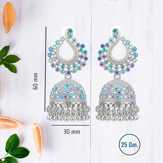Silver Plated Jhumka Earrings with Multicolour Crystal Stones, Kundan Chandbali Style, Dangling Bells for women and girls