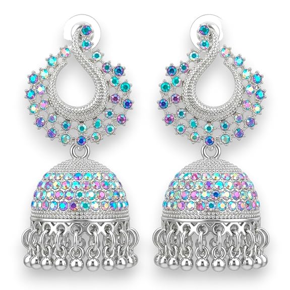 Silver Plated Jhumka Earrings with Multicolour Crystal Stones, Kundan Chandbali Style, Dangling Bells for women and girls