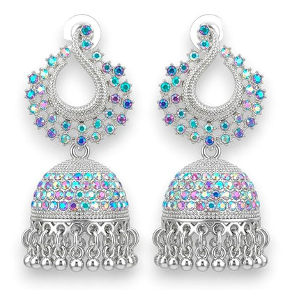 Silver Plated Jhumka Earrings with Multicolour Crystal Stones, Kundan Chandbali Style, Dangling Bells for women and girls