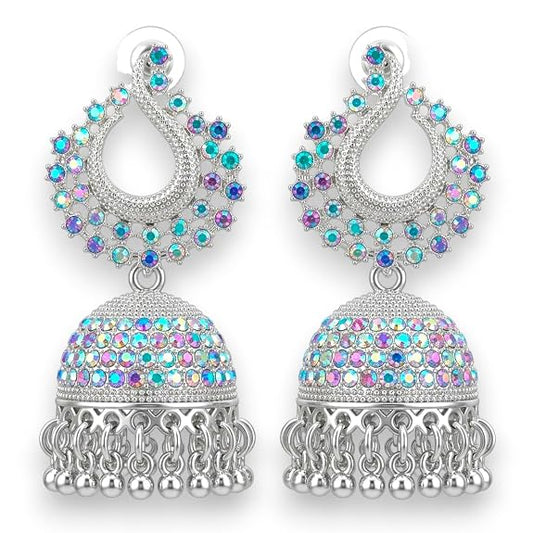 Silver Plated Jhumka Earrings with Multicolour Crystal Stones, Kundan Chandbali Style, Dangling Bells for women and girls