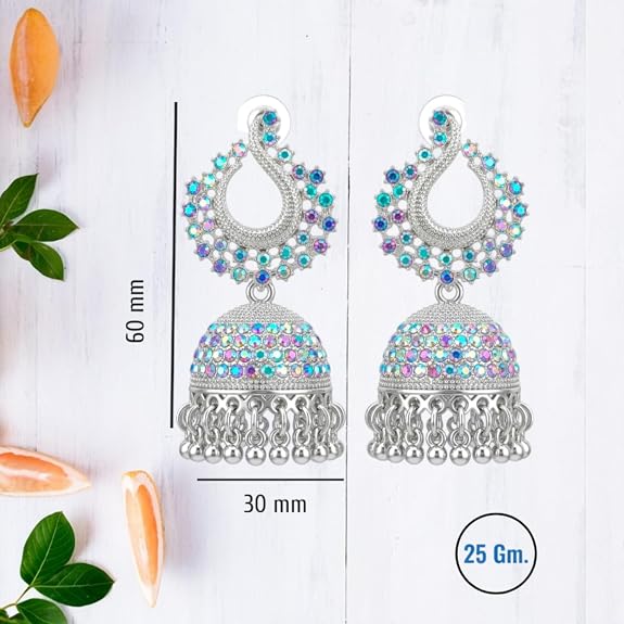 Silver Plated Jhumka Earrings with Multicolour Crystal Stones, Kundan Chandbali Style, Dangling Bells for women and girls