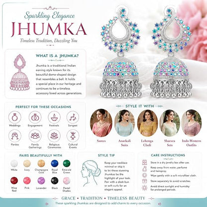 Silver Plated Jhumka Earrings with Multicolour Crystal Stones, Kundan Chandbali Style, Dangling Bells for women and girls