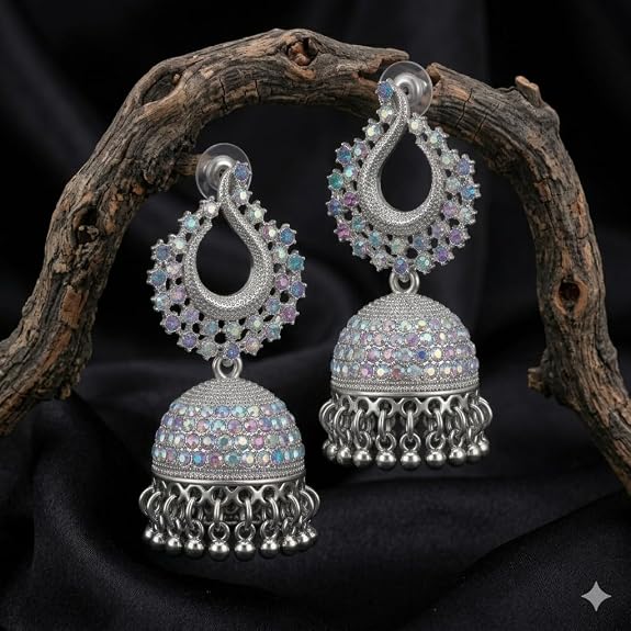 Silver Plated Jhumka Earrings with Multicolour Crystal Stones, Kundan Chandbali Style, Dangling Bells for women and girls