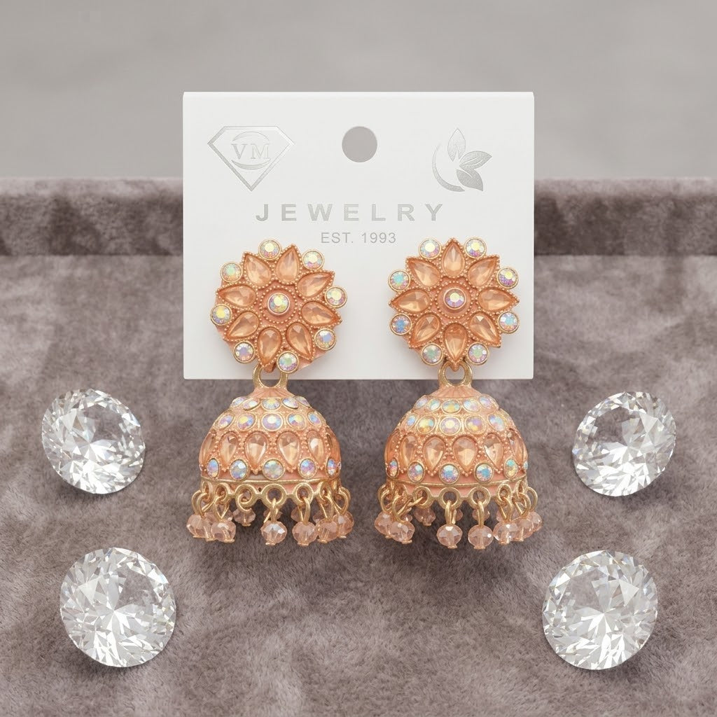 Premium Rose Gold Floral Kundan Jhumka Earrings for Women