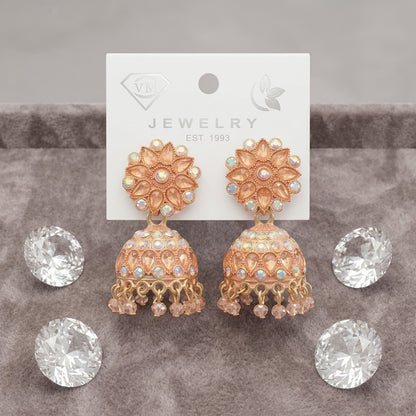 Premium Rose Gold Floral Kundan Jhumka Earrings for Women